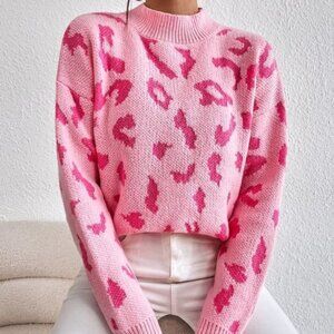 Casual Leopard Pattern Mock Neck Sweater Pink